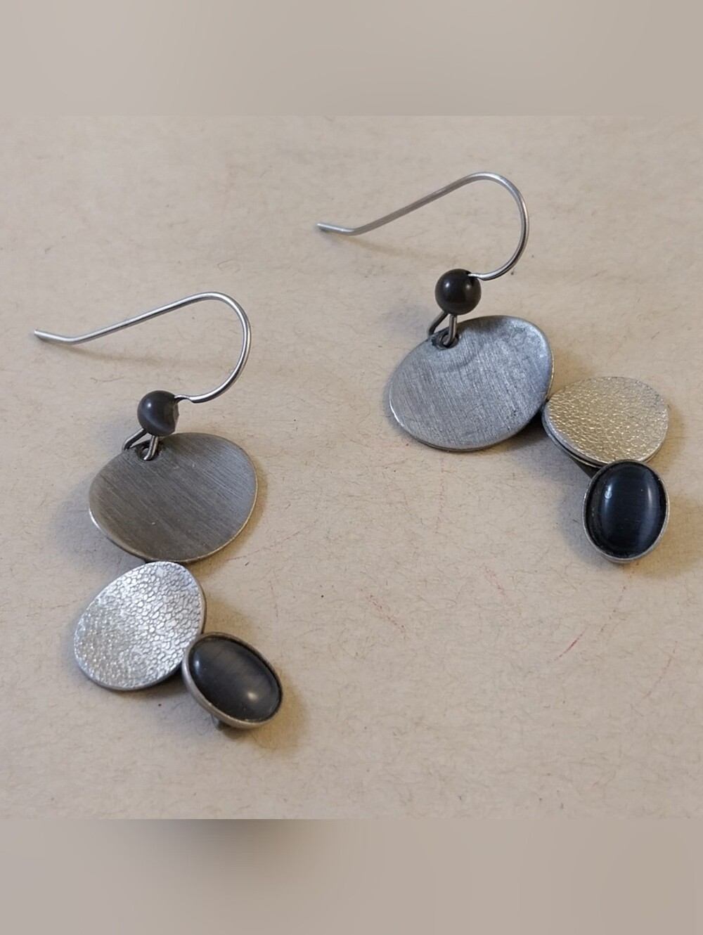 Silver Tone Triple Disc Drop Earrings - Modern Minimalist - Picture 6 of 9